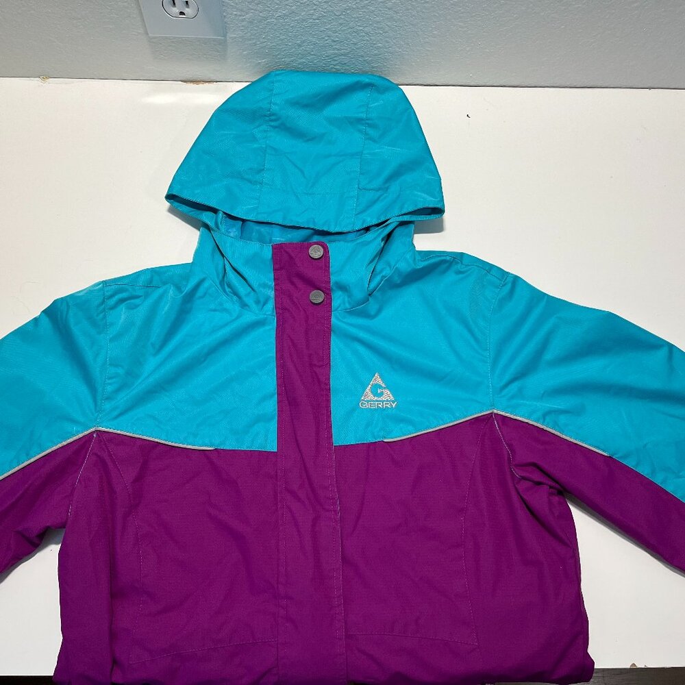 Gerry womans / girls aqua and fushia hooded rain jacket size L 14-16